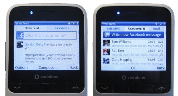 Vodafone 555 Blue phone with QWERTY keyboard.Vodafone 555 Blue phone displaying a calendar on screen.Hand holding a Vodafone 555 Blue with Facebook on screenClose-up of Vodafone 555's QWERTY keyboard.Close-up of Vodafone 555 Blue's back camera and speaker grill.