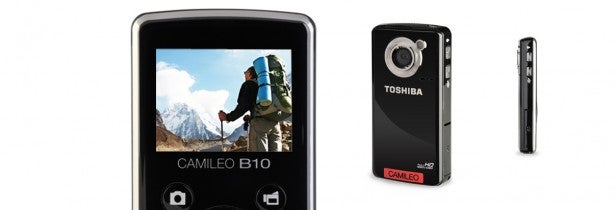 Toshiba Camileo B10Toshiba Camileo B10 pocket camcorder with battery.Toshiba Camileo B10 pocket camcorder from three angles.Toshiba Camileo B10 camcorder with golfer on display screen.Screenshot of Toshiba Camileo B10 camcorder's uploader interface.