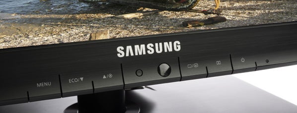 Close-up view of Samsung S27A850D monitor's control buttons.