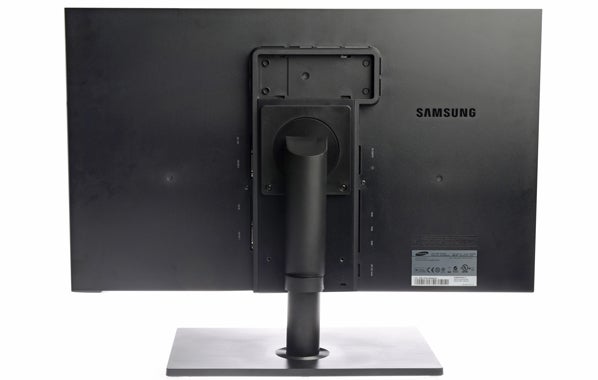 Rear view of Samsung S27A850D monitor showing stand and connectivity ports.
