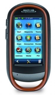 Magellan eXplorist 710 handheld GPS with menu screen displayed.