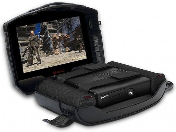 GAEMS G155 Gaming SystemGAEMS G155 portable gaming monitor and console case with game on screen.