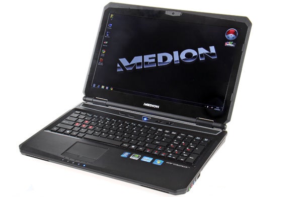 Medion Erazer X6813 laptop with logo on screen.