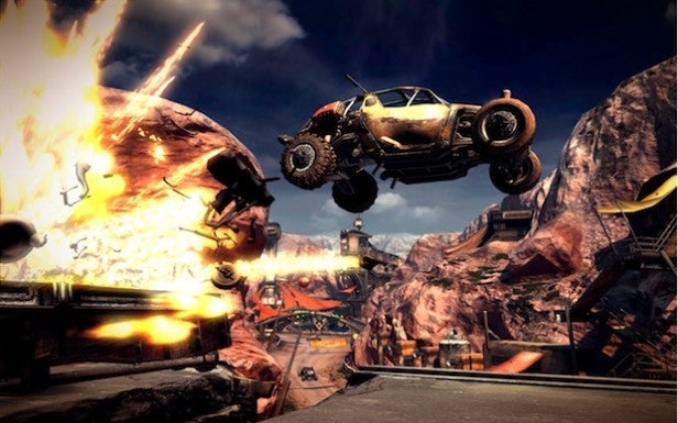 Explosive car jump in Rage video game environment.