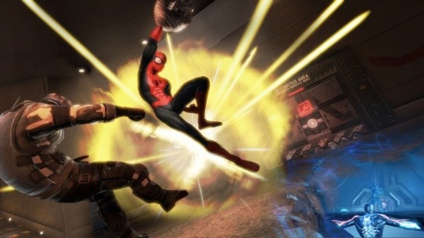 Spider-Man dodges attack in Edge of Time gameplay scene.