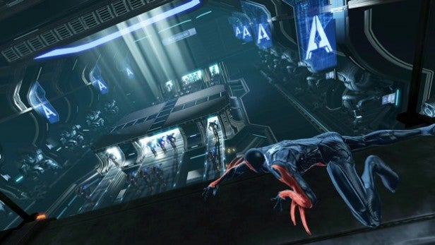 Spider-Man character in futuristic game setting from 