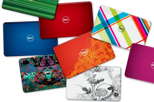 Dell Inspiron 15R laptops with colorful interchangeable lids.