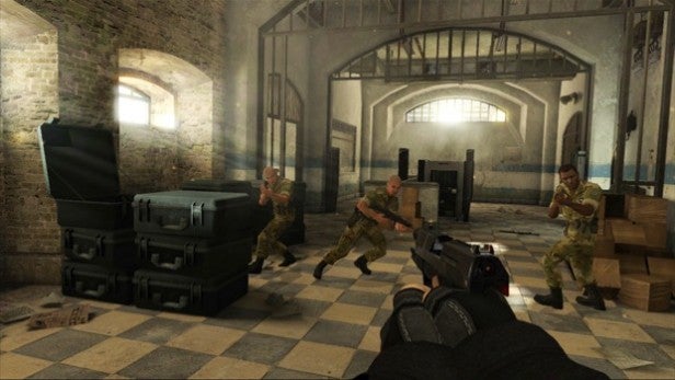 First-person shooter gameplay from GoldenEye 007: Reloaded.