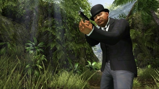 In-game character aiming a gun in GoldenEye 007: Reloaded.