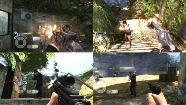 Screenshots of GoldenEye 007: Reloaded gameplay showing shooting action.