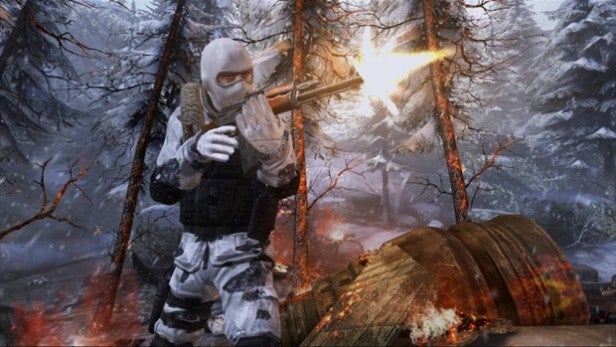 Screenshot from GoldenEye 007: Reloaded game showing snowy warfare scene.