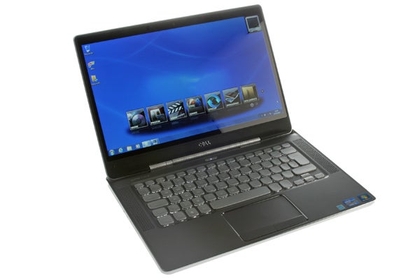 Dell XPS 14z laptop with open lid and screen display.