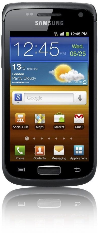 Samsung Galaxy W i8150 smartphone displaying weather widget.