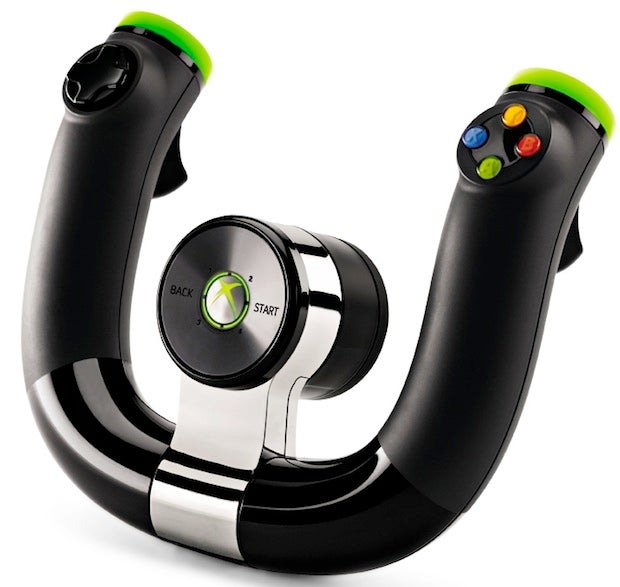 Xbox 360 Wireless Speed Wheel with buttons and triggers.