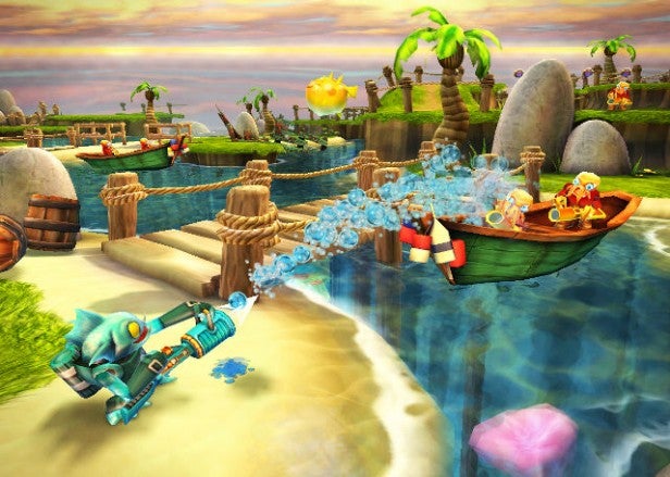 Skylanders character shooting water at enemies in game scene.