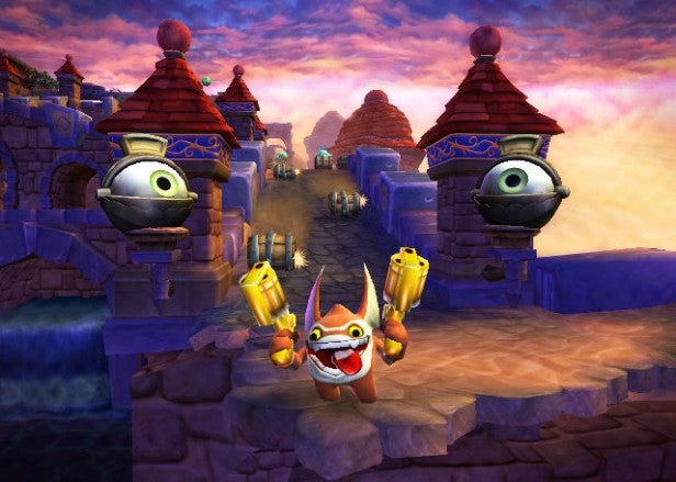 Skylanders character in game with colorful fantasy landscape.