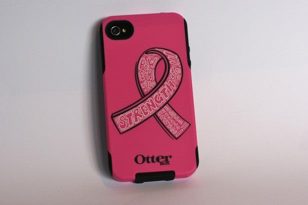 Pink Otterbox Commuter iPhone case with strength ribbon design.