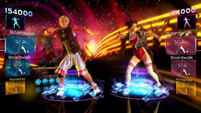 Screenshot of Dance Central 2 gameplay with two characters dancing.