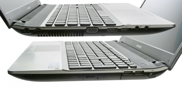 Samsung Series 3 NP300E5A laptop showing ports and keyboard.