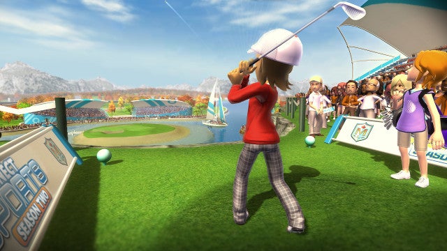 Animated character playing golf in Kinect Sports: Season 2 game.