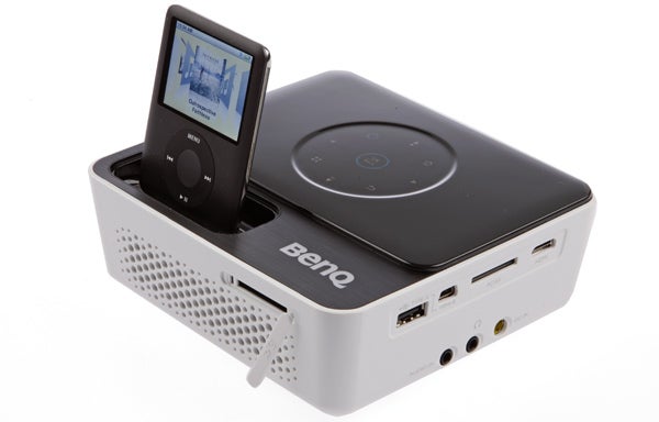 BenQ Joybee GP2 projector with an iPod docked on top.