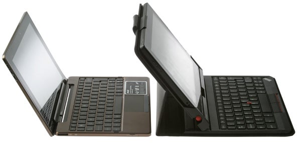 Lenovo ThinkPad Tablet stacked on a black folio case.Lenovo ThinkPad Tablet in laptop and tent modes.