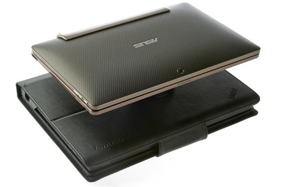 Lenovo ThinkPad Tablet stacked on a black folio case.