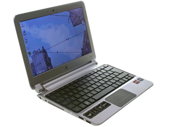 HP Pavilion dm1-3200sa laptop with open lid and display on.