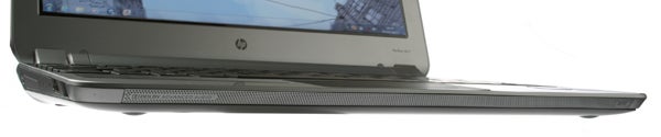 Side view of HP Pavilion dm1-3200sa laptop showing ports and lid.