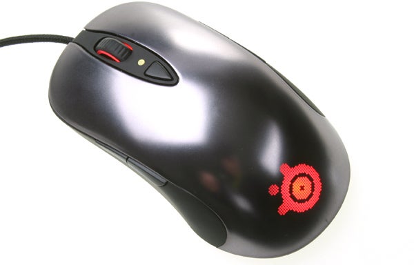 Black SteelSeries Sensei gaming mouse with red logo.