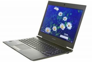 Toshiba Satellite Z830 laptop with flower wallpaper on screen.