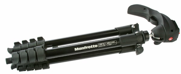 Folded Manfrotto MKC3-H01 tripod with ergonomic handle.