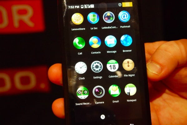 Lenovo K800 smartphone displaying colorful app icons on screen.