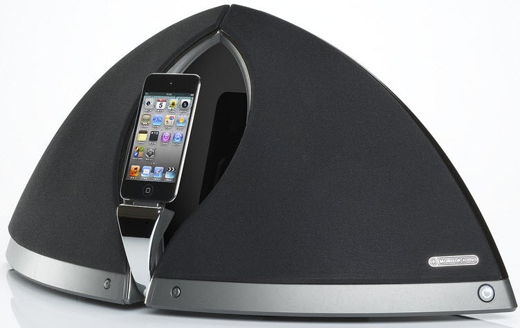 Monitor Audio i-deck 200 speaker system with docked iPhone.