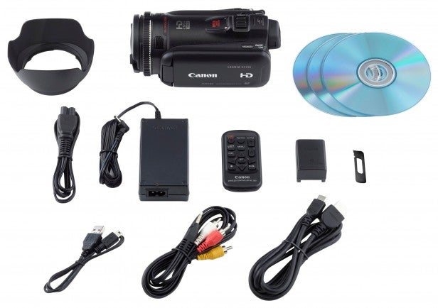 Canon LEGRIA HF G10 camcorder with lens hood and strap.Canon LEGRIA HF G10 camcorder with accessories displayed.