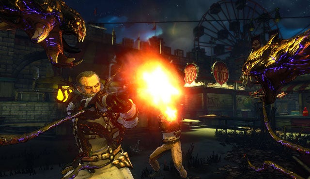 Screenshot from The Darkness II showing character using dark powers.