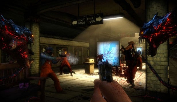 Screenshot of The Darkness II gameplay showing combat scene.