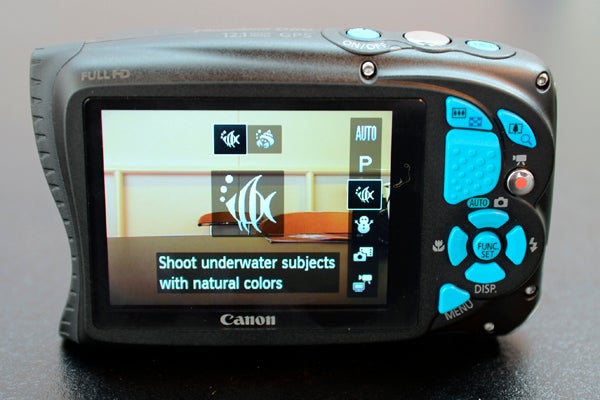 Canon PowerShot D20 camera displaying underwater color feature.