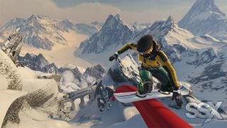 Snowboarder mid-jump in SSX video game with mountain backdrop.