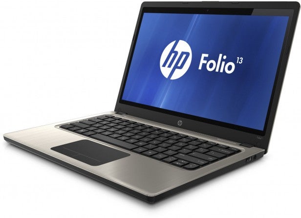 Side view of HP Folio 13 Ultrabook laptop.HP Folio 13 laptop with logo on screen