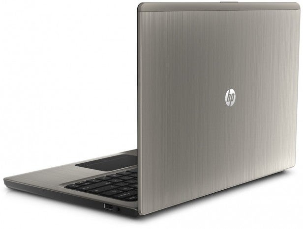 HP Folio 13 laptop with a silver finish open at an angle.