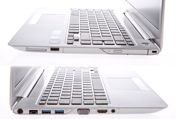 Two views of Samsung Series 5 530U4B laptop showcasing design and ports.Samsung Series 5 Ultrabook 530U4B laptop with open screen.Samsung Series 5 530U4B laptop with open optical drive.Samsung Series 5 530U4B laptop opened on a white background.Samsung Series 5 530U4B laptop on a white background.Samsung Series 5 530U4B laptop keyboard and trackpad close-up.Close-up of Samsung Series 5 530U4B laptop keyboard and power button.
