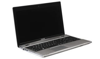 Toshiba Satellite P855 laptop with open lid on white background
