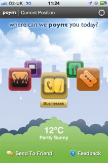 Screenshot of Poynt app interface with location and weather information
