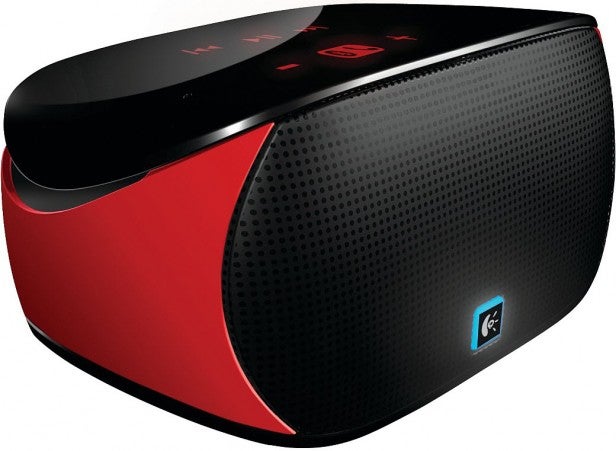 Logitech Mini Boombox with touch controls and red accents.