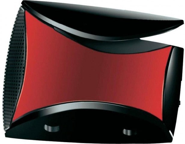 Red and black Logitech Mini Boombox bluetooth speaker.