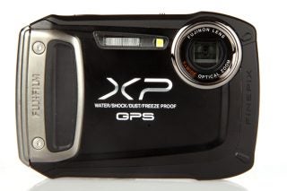 Fujifilm XP150 camera showcasing water, shock, dust, and freeze-proof features.