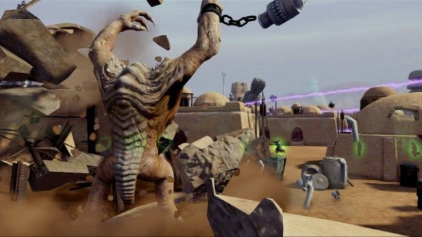 Screenshot of rancor rampage in Kinect Star Wars game.
