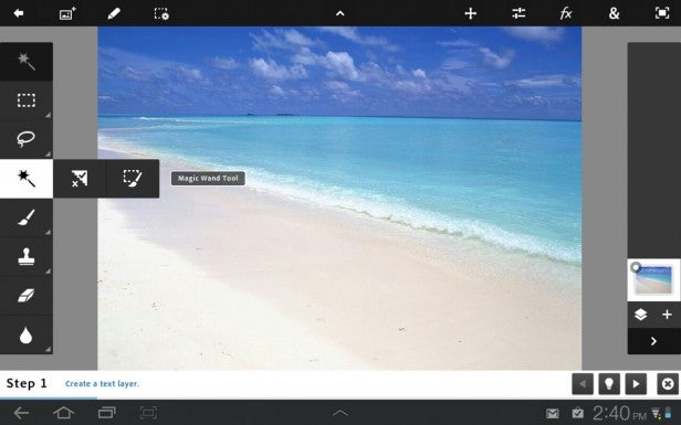Screenshot of Adobe Photoshop Touch interface with beach image editing.
