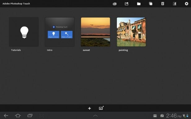 Screenshot of Adobe Photoshop Touch interface with project thumbnails.